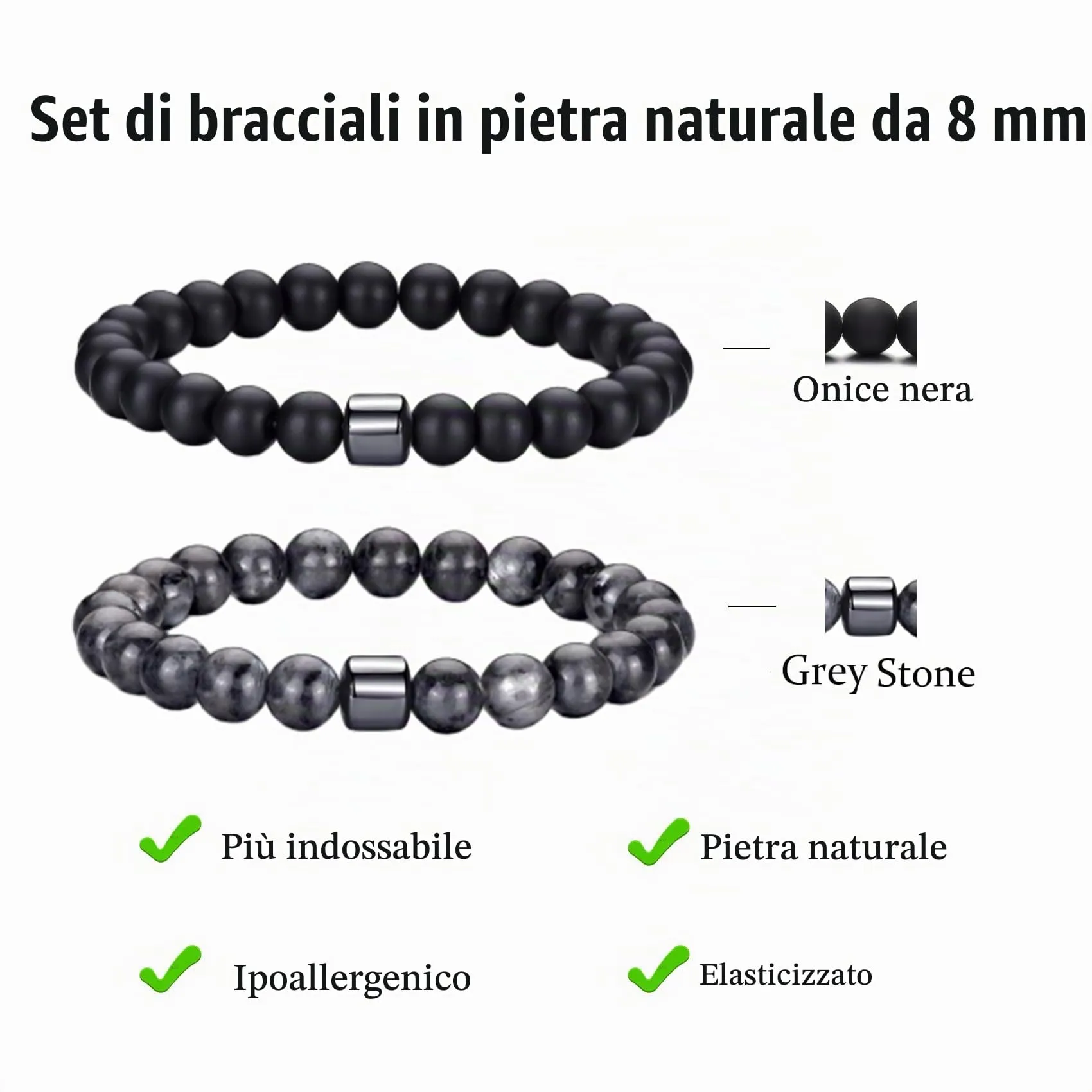 Occhio di Tigre Bracciale per Uomo e Donna con Perline di Cristallo Nero e Pietra Naturale, Regolabile e Elasticizzato - immagine 3
