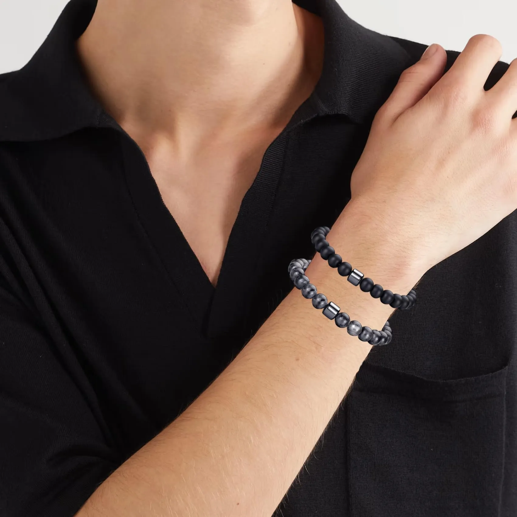Occhio di Tigre Bracciale per Uomo e Donna con Perline di Cristallo Nero e Pietra Naturale, Regolabile e Elasticizzato - immagine 4