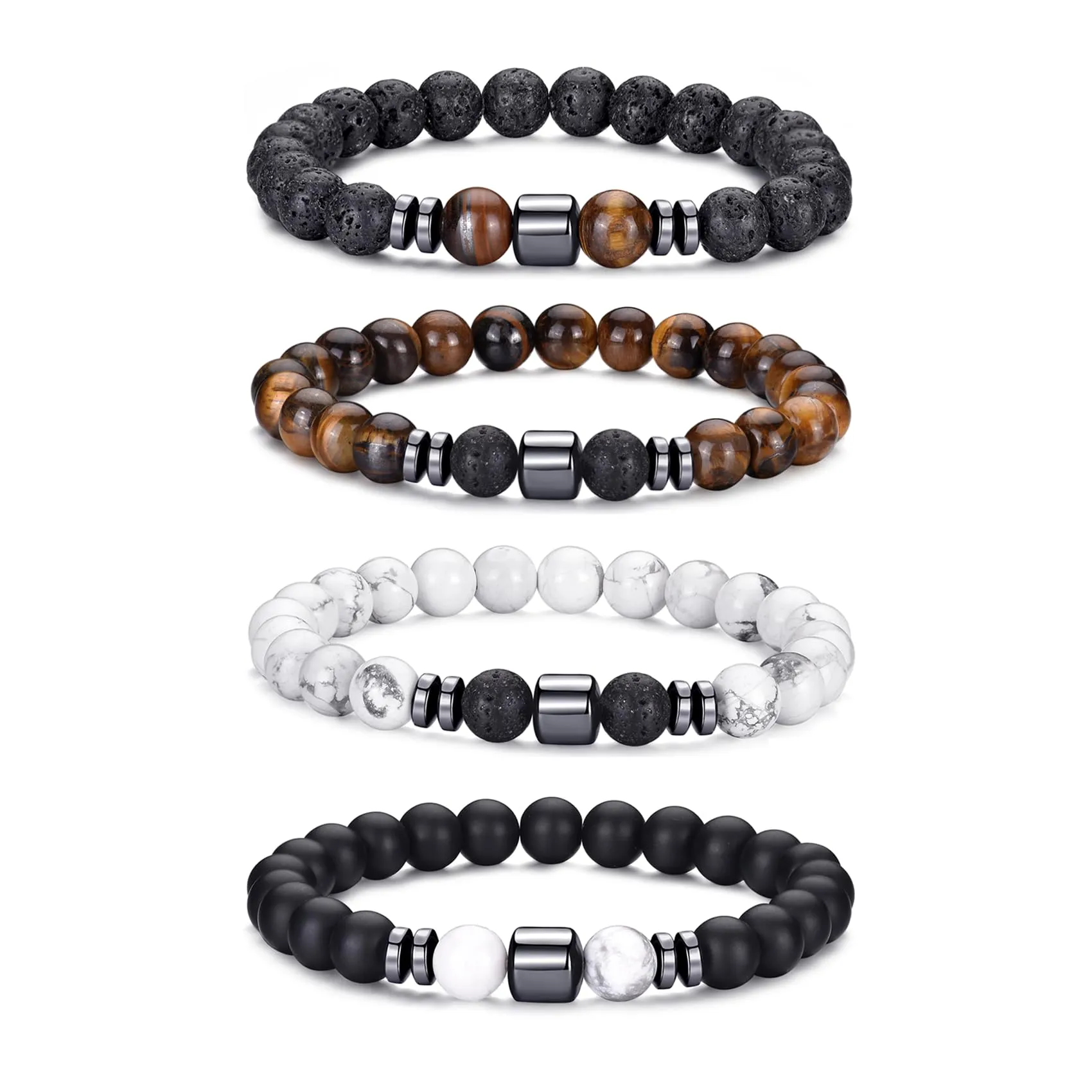 Bracciale Occhio di Tigre 8MM con Perline in Pietra Naturale e Lavica, Elasticizzato Regolabile con Perline di Cristallo Nero per Uomo Donna Regali - immagine 1
