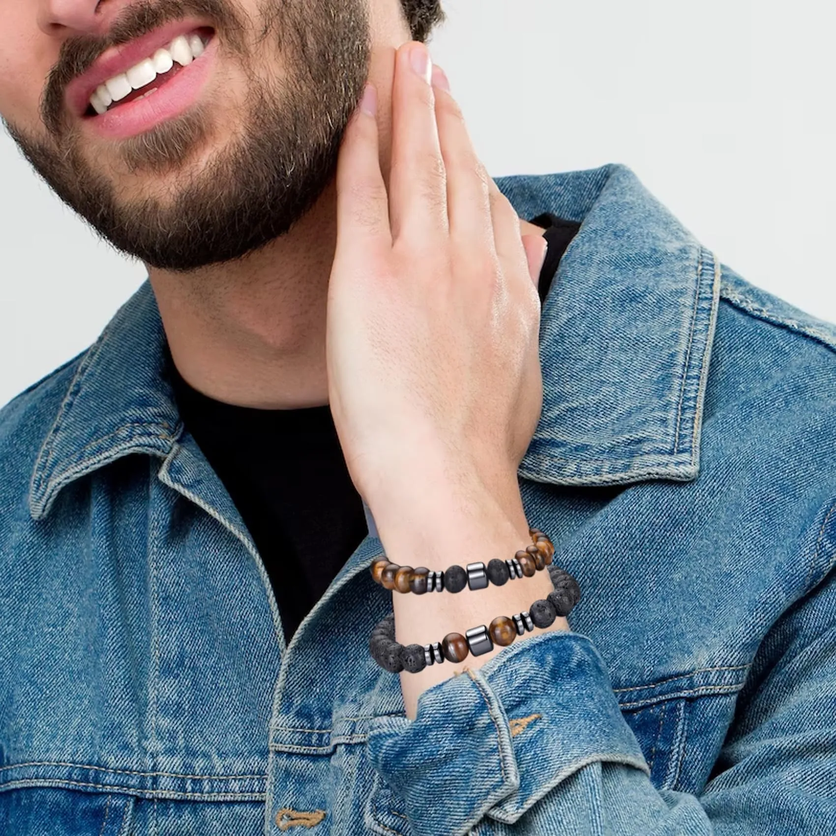 Bracciale Occhio di Tigre 8MM con Perline in Pietra Naturale e Lavica, Elasticizzato Regolabile con Perline di Cristallo Nero per Uomo Donna Regali - immagine 2