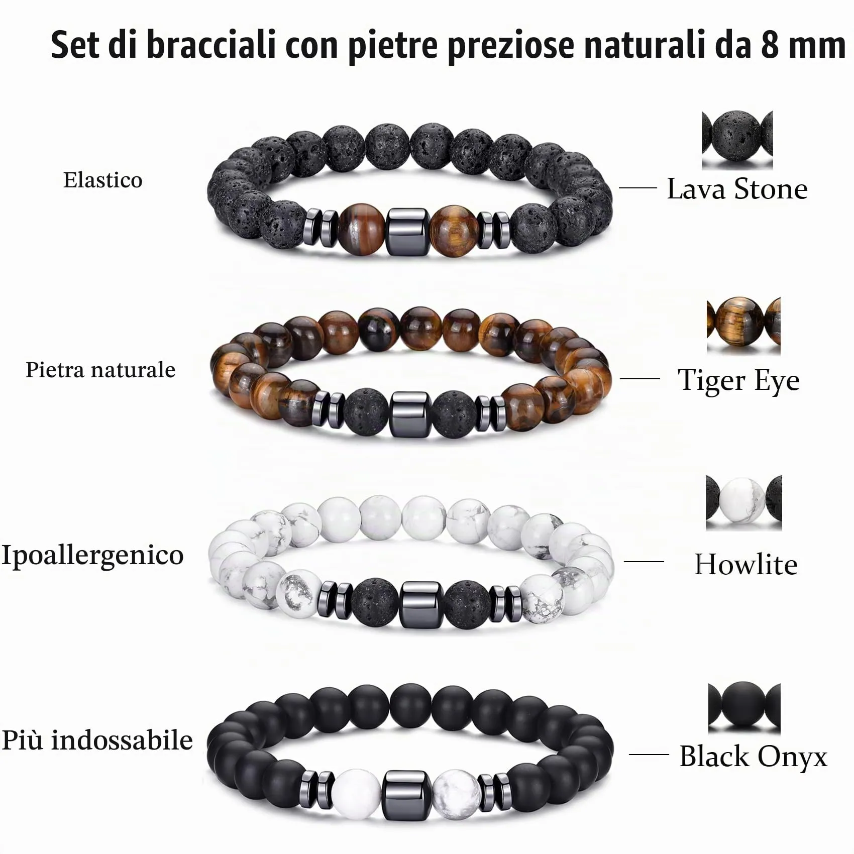 Bracciale Occhio di Tigre 8MM con Perline in Pietra Naturale e Lavica, Elasticizzato Regolabile con Perline di Cristallo Nero per Uomo Donna Regali - immagine 3