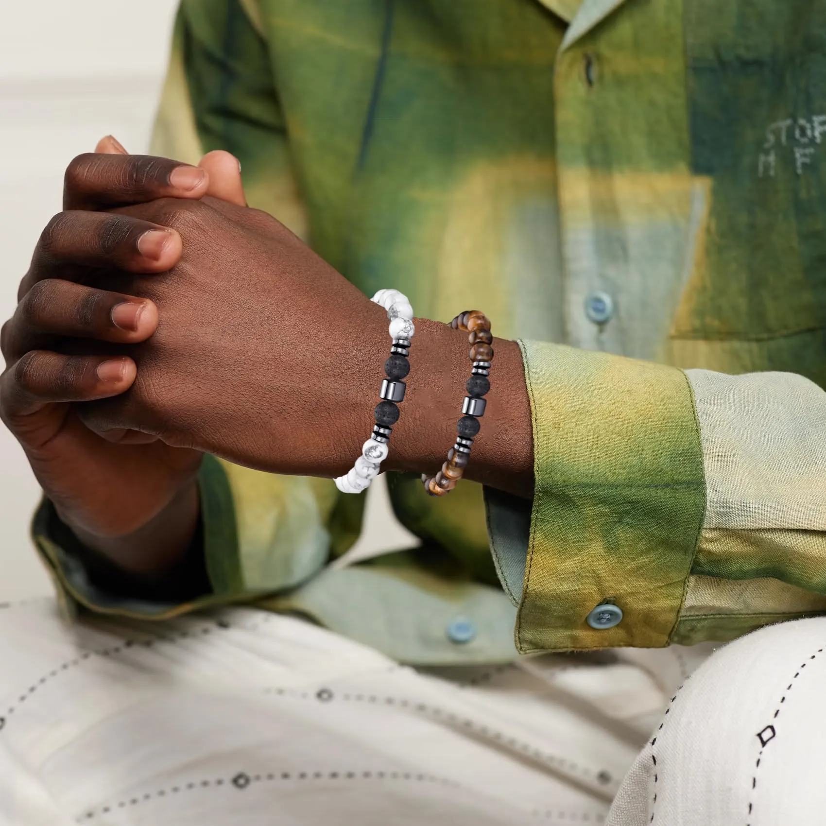 Bracciale Occhio di Tigre 8MM con Perline in Pietra Naturale e Lavica, Elasticizzato Regolabile con Perline di Cristallo Nero per Uomo Donna Regali - immagine 4