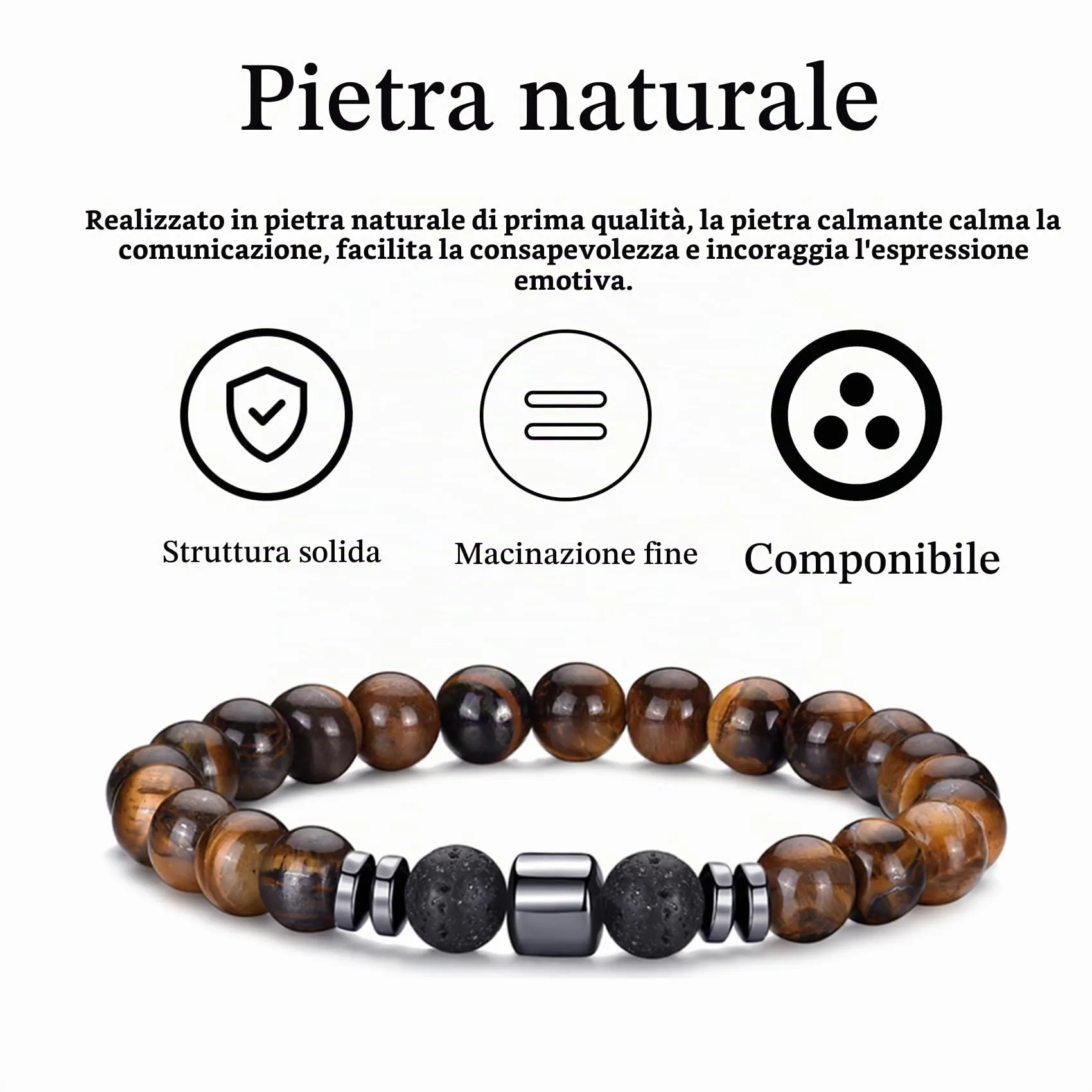 Bracciale Occhio di Tigre 8MM con Perline in Pietra Naturale e Lavica, Elasticizzato Regolabile con Perline di Cristallo Nero per Uomo Donna Regali - immagine 6