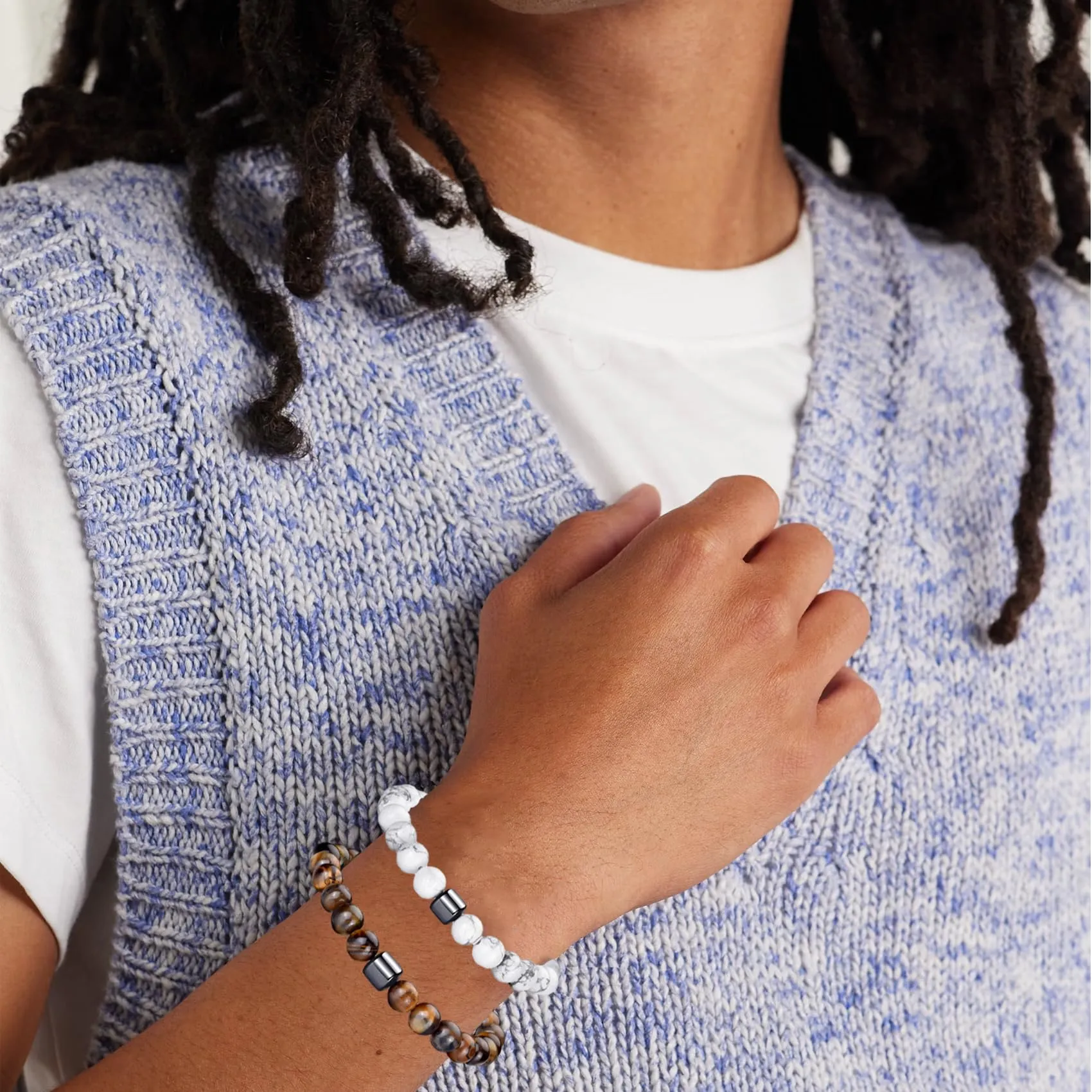 Bracciale Occhio di Tigre 8MM in Pietra Naturale e Lavica - Set Elasticizzato con Perline di Cristallo Nero per Uomo e Donna - Regali Regolabile - immagine 2