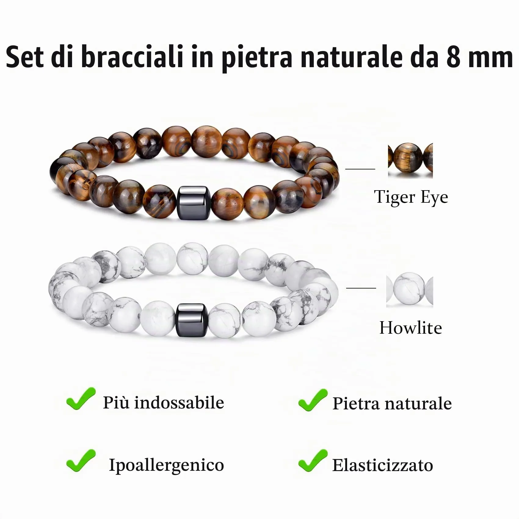 Bracciale Occhio di Tigre 8MM in Pietra Naturale e Lavica - Set Elasticizzato con Perline di Cristallo Nero per Uomo e Donna - Regali Regolabile - immagine 3