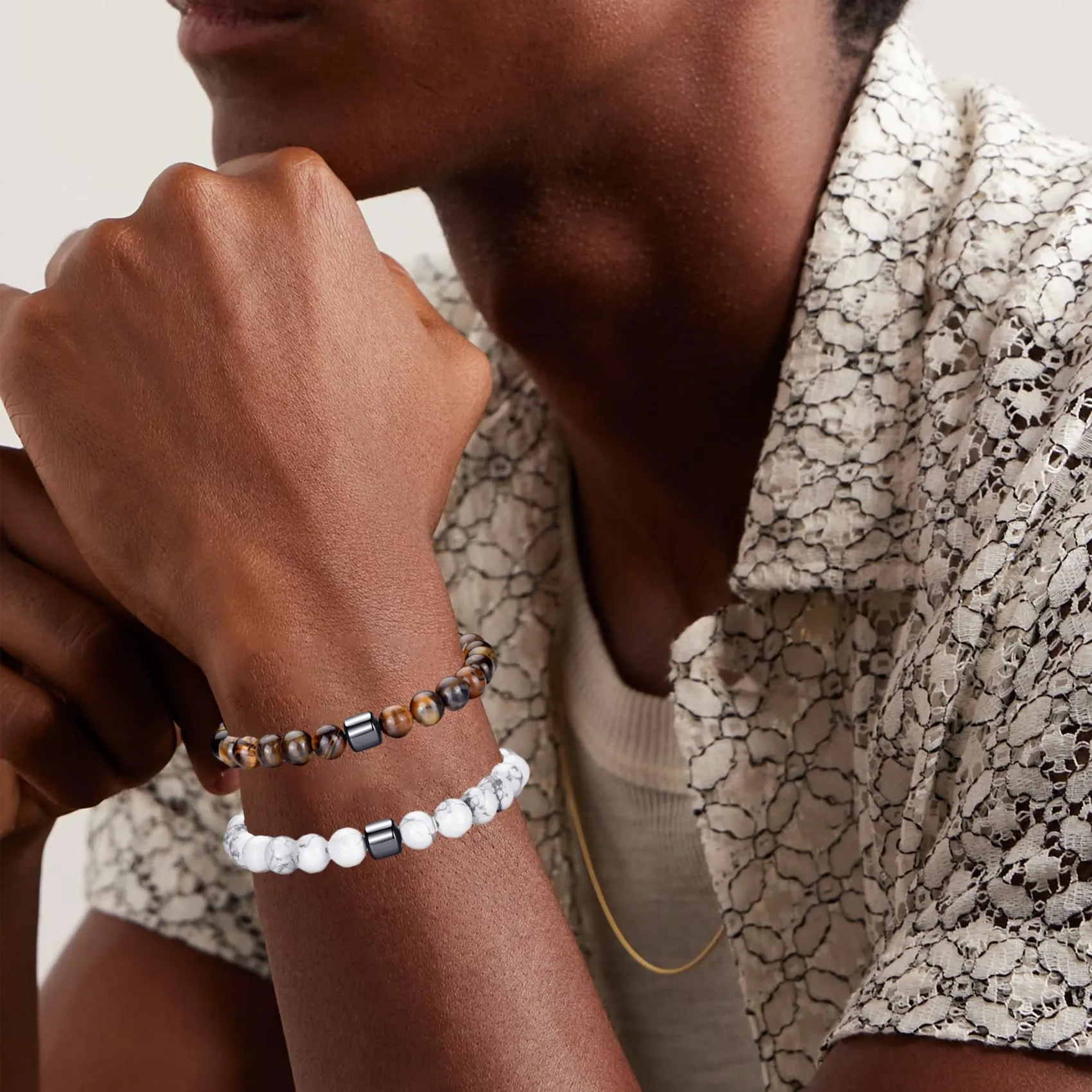 Bracciale Occhio di Tigre 8MM in Pietra Naturale e Lavica - Set Elasticizzato con Perline di Cristallo Nero per Uomo e Donna - Regali Regolabile - immagine 4
