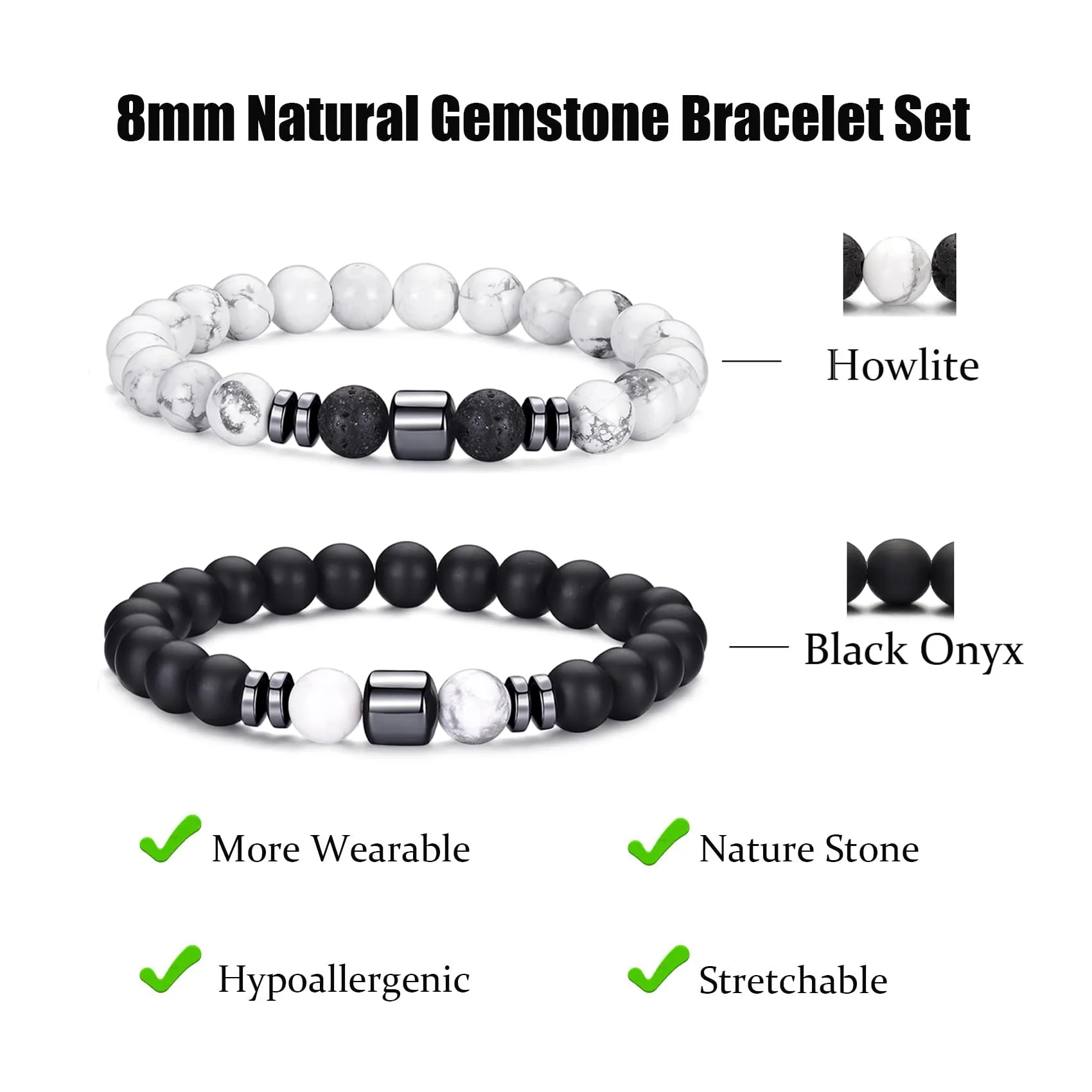 Bracciale Occhio di Tigre 8MM per Uomo e Donna - Set di Braccialetti Elasticizzati in Pietra Lavica e Naturale - Regolabile con Perline di Cristallo Nero - Idea Regalo - immagine 3