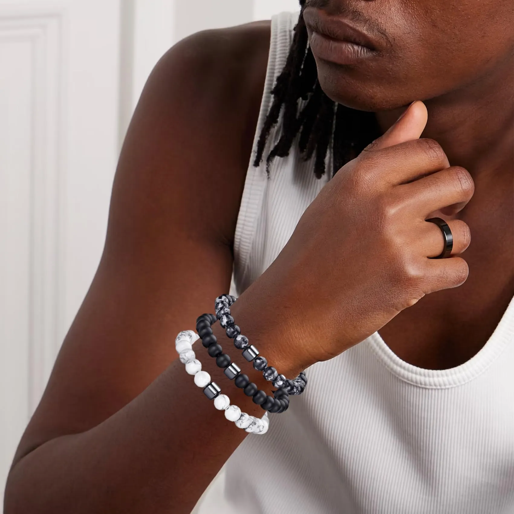 RANKEEF Bracciale Occhio di Tigre per Uomo 8MM Bracciale con Perline in Pietra Naturale Set Braccialetti Elasticizzati in Pietra Lavica Regolabile con Perline di Cristallo Nero per Uomo Donna Regali - immagine 2