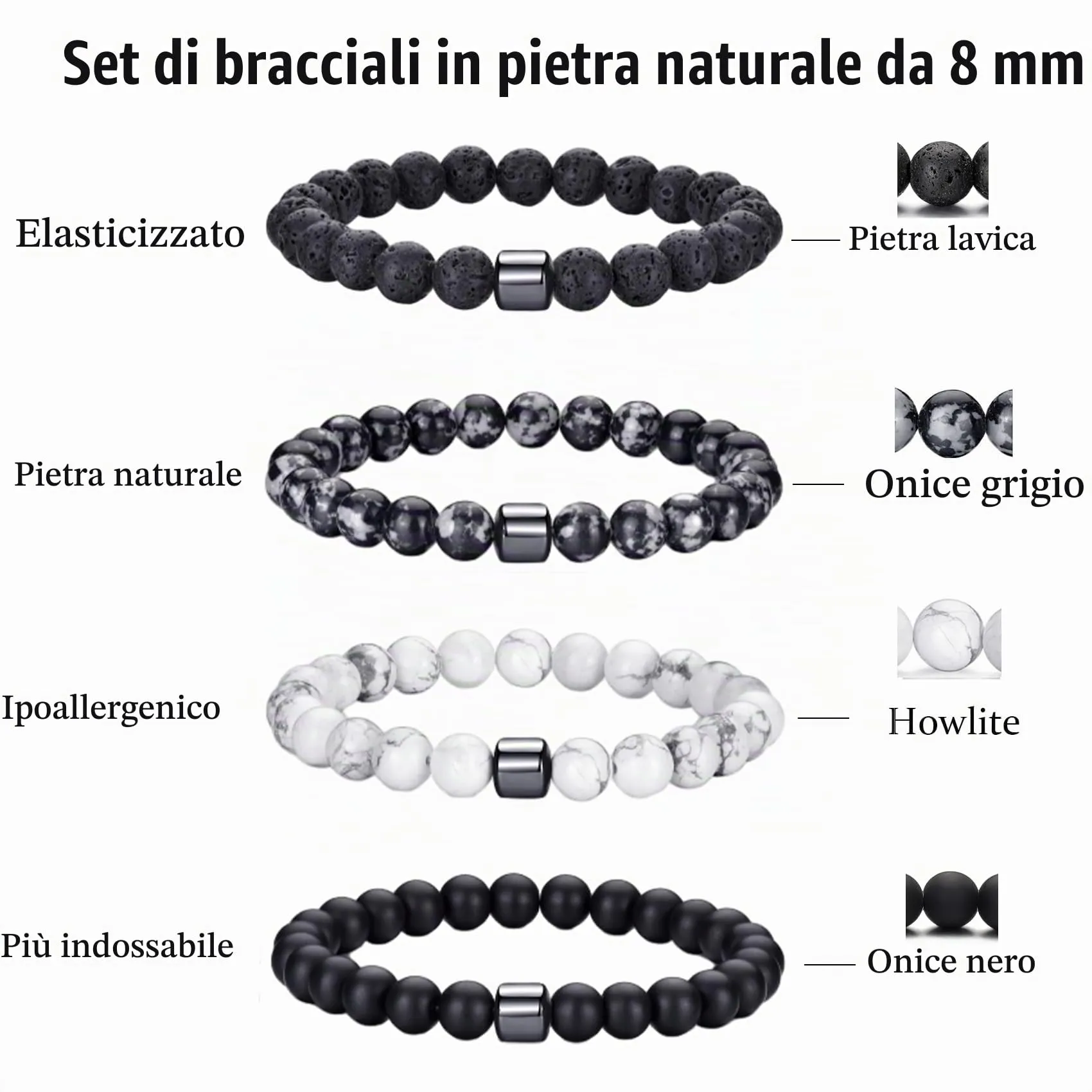 RANKEEF Bracciale Occhio di Tigre per Uomo 8MM Bracciale con Perline in Pietra Naturale Set Braccialetti Elasticizzati in Pietra Lavica Regolabile con Perline di Cristallo Nero per Uomo Donna Regali - immagine 3