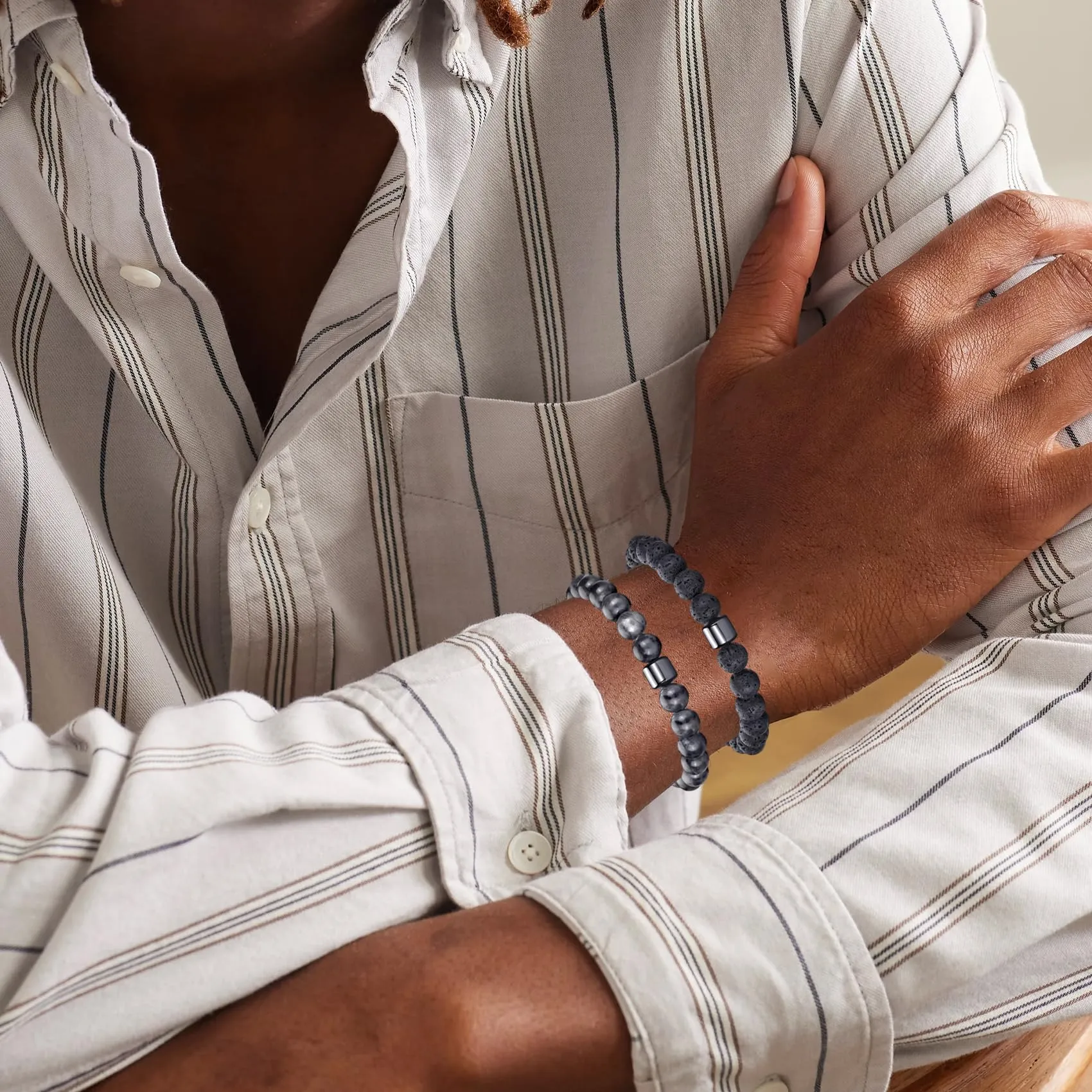 RANKEEF Bracciale Occhio di Tigre per Uomo 8MM Bracciale con Perline in Pietra Naturale Set Braccialetti Elasticizzati in Pietra Lavica Regolabile con Perline di Cristallo Nero per Uomo Donna Regali - immagine 5