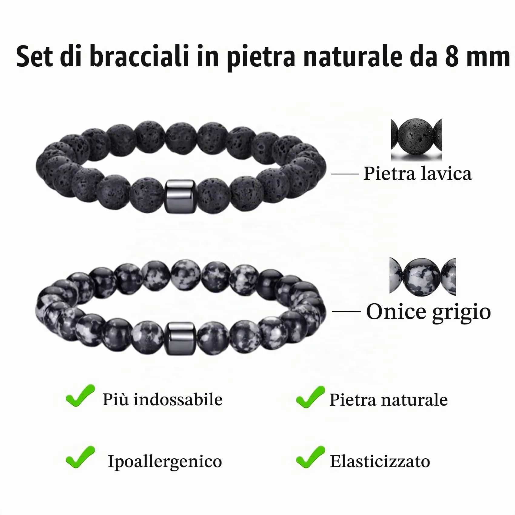Occhio di Tigre Bracciale con Perline in Pietra Naturale e Cristallo Nero, Regolabile per Uomo e Donna - immagine 3