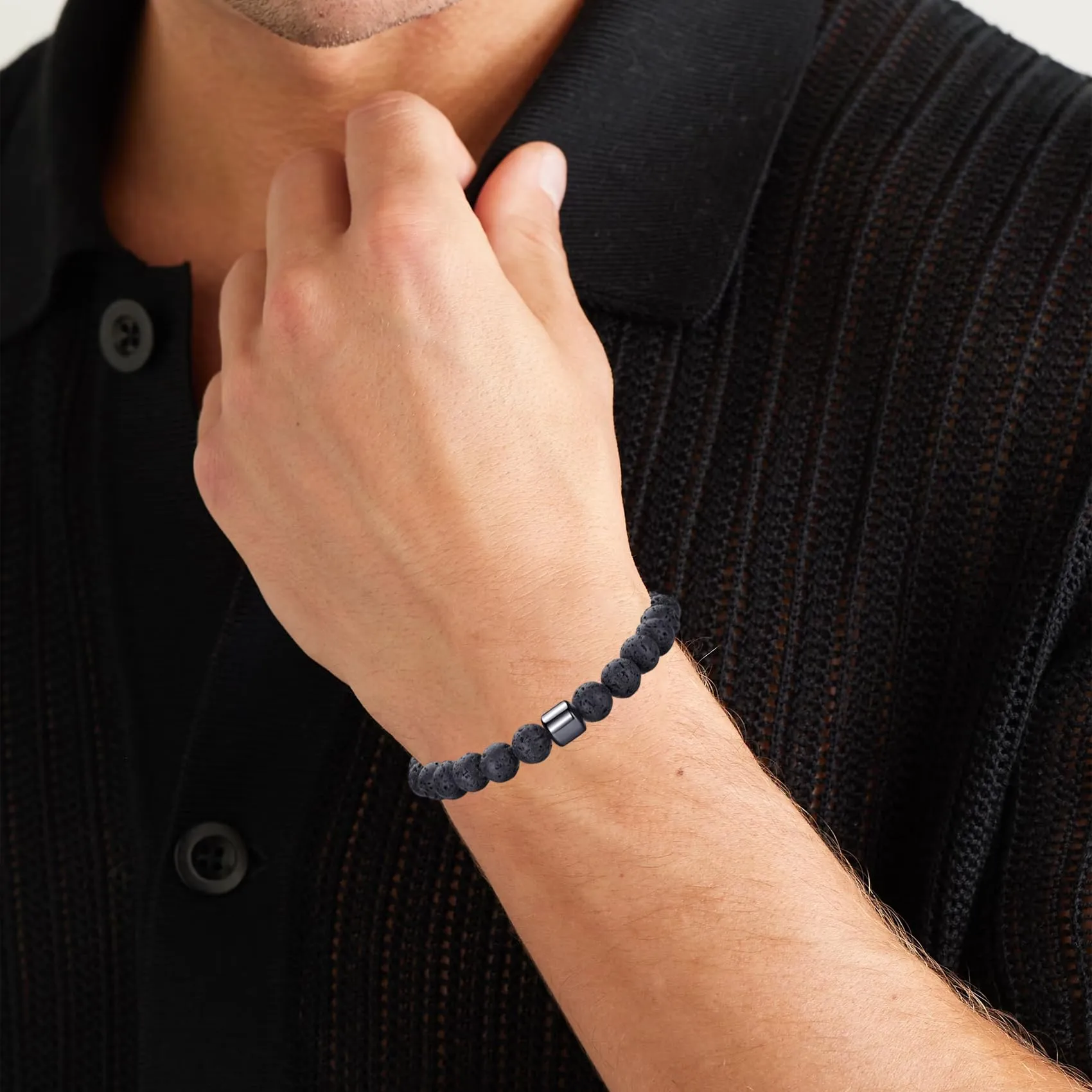 Occhio di Tigre Bracciale con Perline in Pietra Naturale e Cristallo Nero, Regolabile per Uomo e Donna - immagine 4