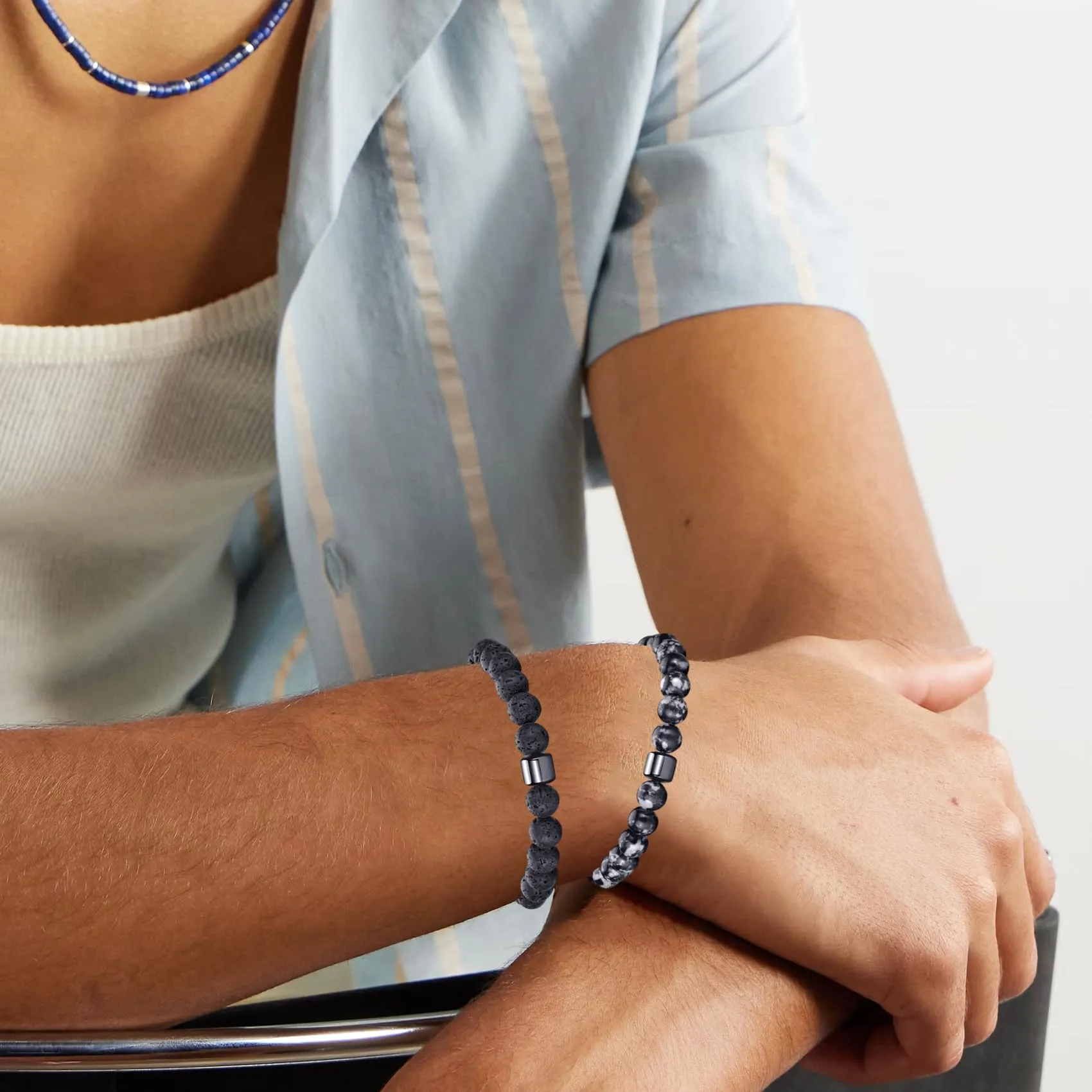 Occhio di Tigre Bracciale con Perline in Pietra Naturale e Cristallo Nero, Regolabile per Uomo e Donna - immagine 5