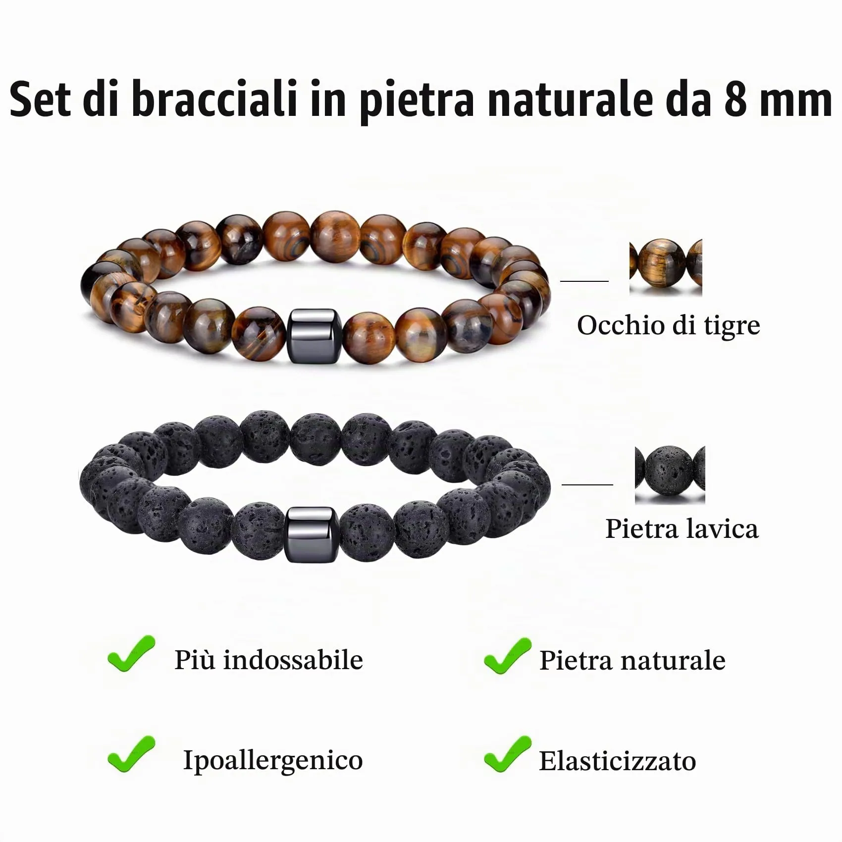 RANKEEF Bracciale Occhio di Tigre per Uomo 8MM Bracciale con Perline in Pietra Naturale Set Braccialetti Elasticizzati in Pietra Lavica Regolabile con Perline di Cristallo Nero per Uomo Donna Regali - immagine 3