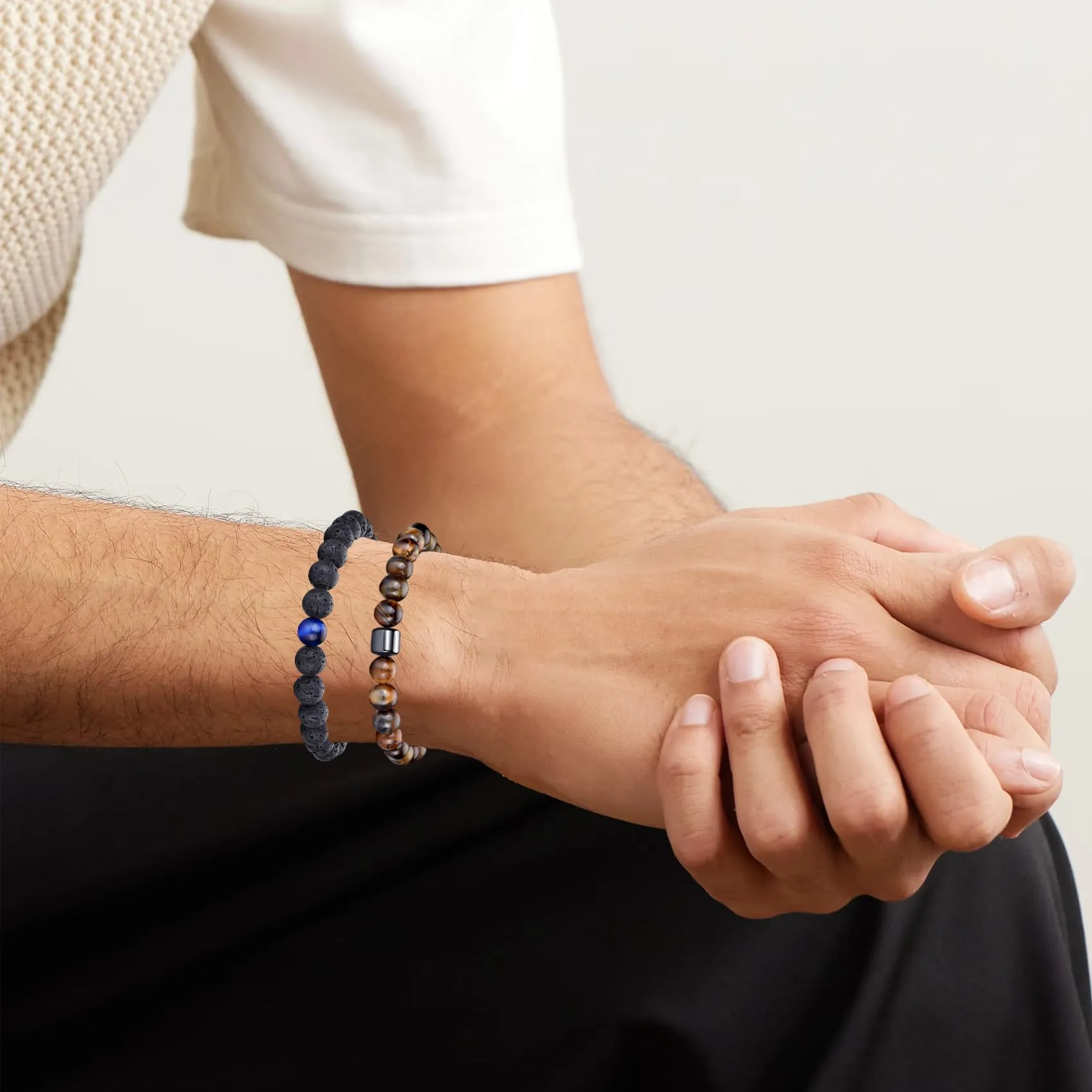 RANKEEF Bracciale Occhio di Tigre per Uomo 8MM Bracciale con Perline in Pietra Naturale Set Braccialetti Elasticizzati in Pietra Lavica Regolabile con Perline di Cristallo Nero per Uomo Donna Regali - immagine 4