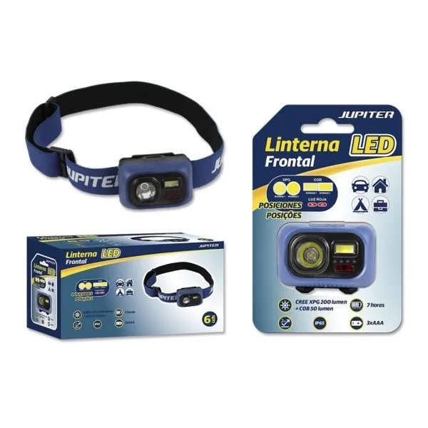 Lampada frontale a LED Jupiter 200lm + COB 50lm - Resistenza IP65 - Cinghia regolabile - Funziona con 3 batterie AAA (non incluse) - Colore blu - immagine 1