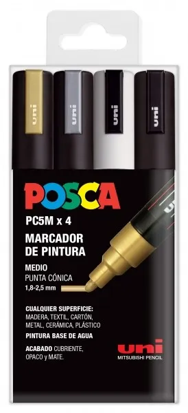 Posca PC-5M Confezione da 4 pennarelli a vernice - Punta tonda 18-25 mm - Inchiostro a base d'acqua - Non permanente - Resistente alla luce - Colori oro argento bianco e nero - immagine 1