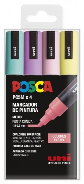 Posca PC-5M Confezione da 4 pennarelli a vernice - Punta tonda 18-25 mm - Inchiostro a base d'acqua - Non permanente - Resistente alla luce - Colori pastello assortiti - immagine 1