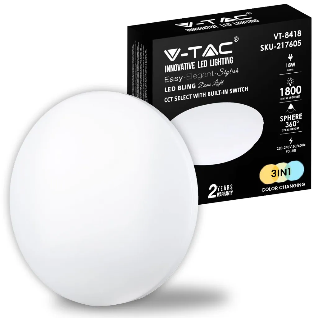 V-TAC Plafoniera LED Rotonda 18W con Interruttore Cambia Colore 3 in 1 Satinata d: 300mm h: 45mm - immagine 1