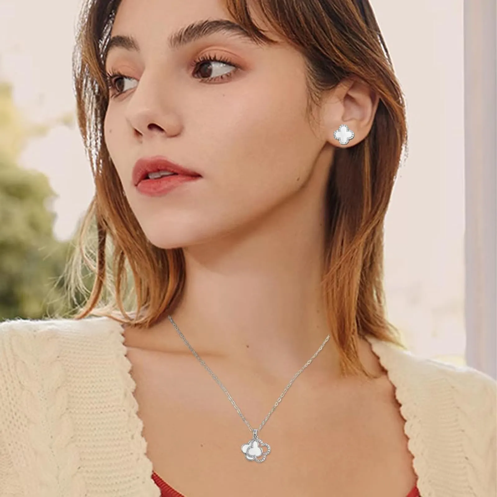 XIWCAFC Quadrifoglio Set di Gioielli da Donna,18K oro rosa Parure Gioielli Set Acciaio al Titanio Set di Collana e Orecchini Parure di Gioielli da Sposa Damigella d'Onore Regalo Dirndl Gioielli (W2) - immagine 3