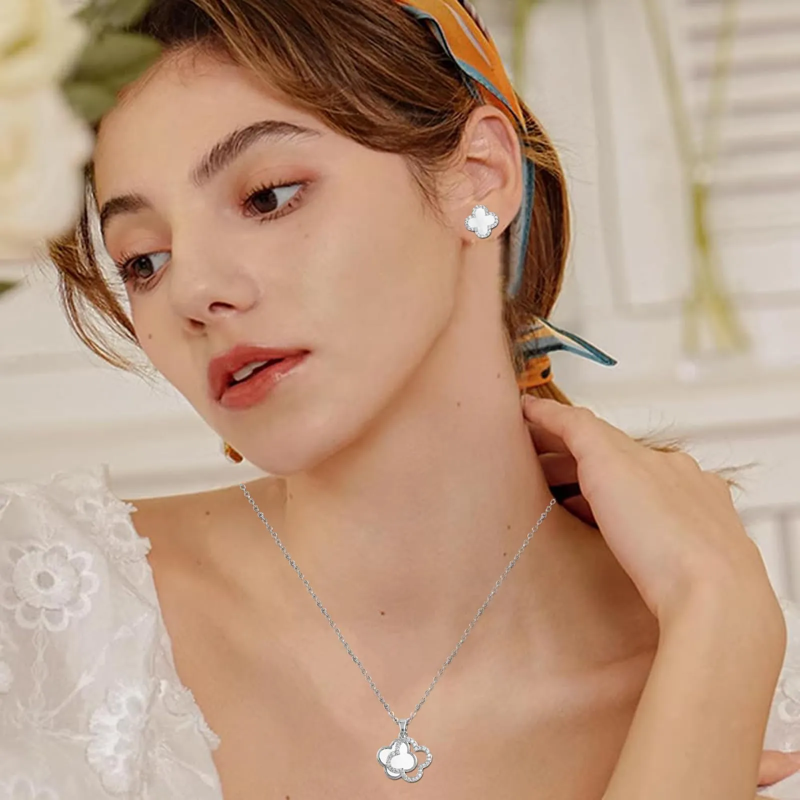 XIWCAFC Quadrifoglio Set di Gioielli da Donna,18K oro rosa Parure Gioielli Set Acciaio al Titanio Set di Collana e Orecchini Parure di Gioielli da Sposa Damigella d'Onore Regalo Dirndl Gioielli (W2) - immagine 5