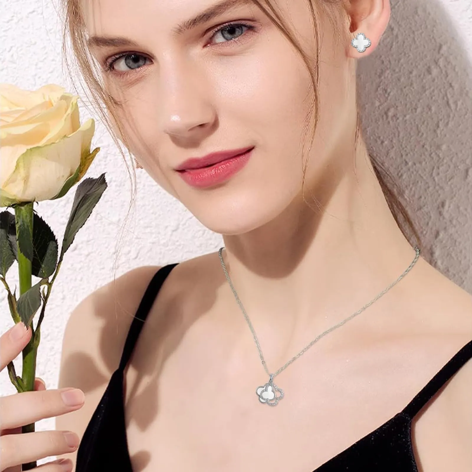 XIWCAFC Quadrifoglio Set di Gioielli da Donna,18K oro rosa Parure Gioielli Set Acciaio al Titanio Set di Collana e Orecchini Parure di Gioielli da Sposa Damigella d'Onore Regalo Dirndl Gioielli (W2) - immagine 7