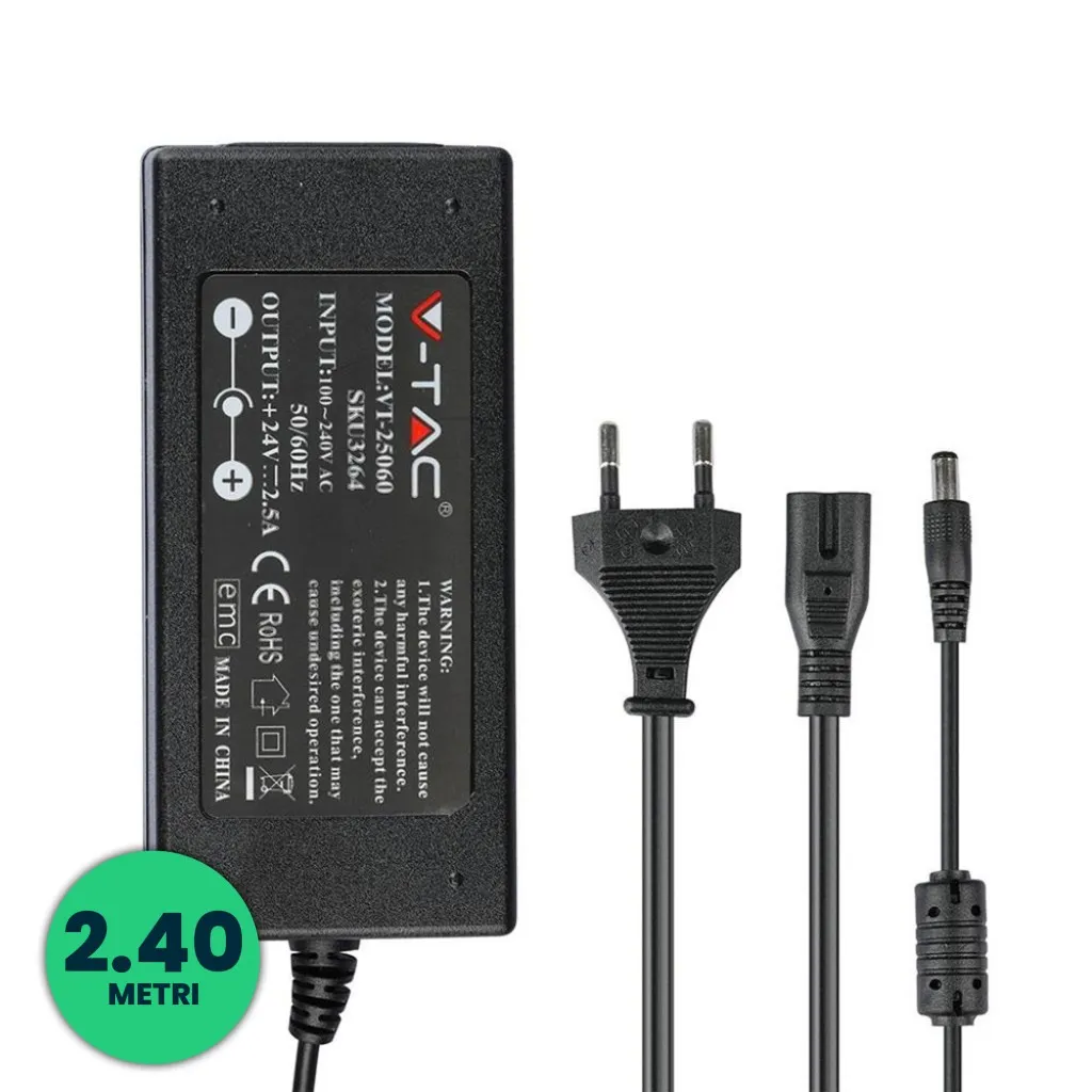 V-TAC Alimentatore per Strip LED 60W 24V 2.5A Plug and Play con Jack 2.1 e Cavo 2.4m con Spina Protezione EMI e Cortocircuito IP44 - immagine 1