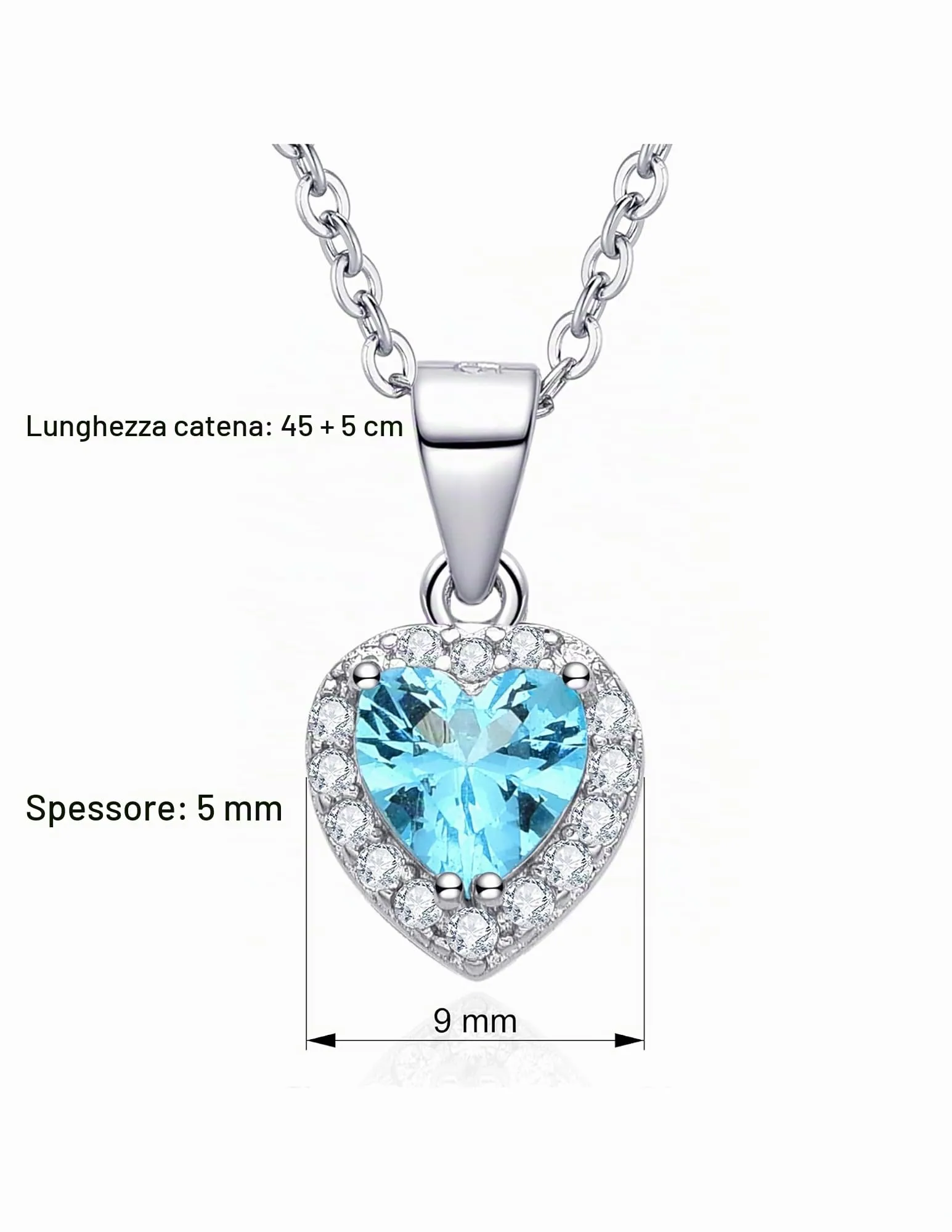 Dada Gioielli - Collana Cuore 9mm Punto Luce Argento 925 Con Zirconi Brillanti Catenina 45+5cm (Azzurro Acquamarina) - immagine 6