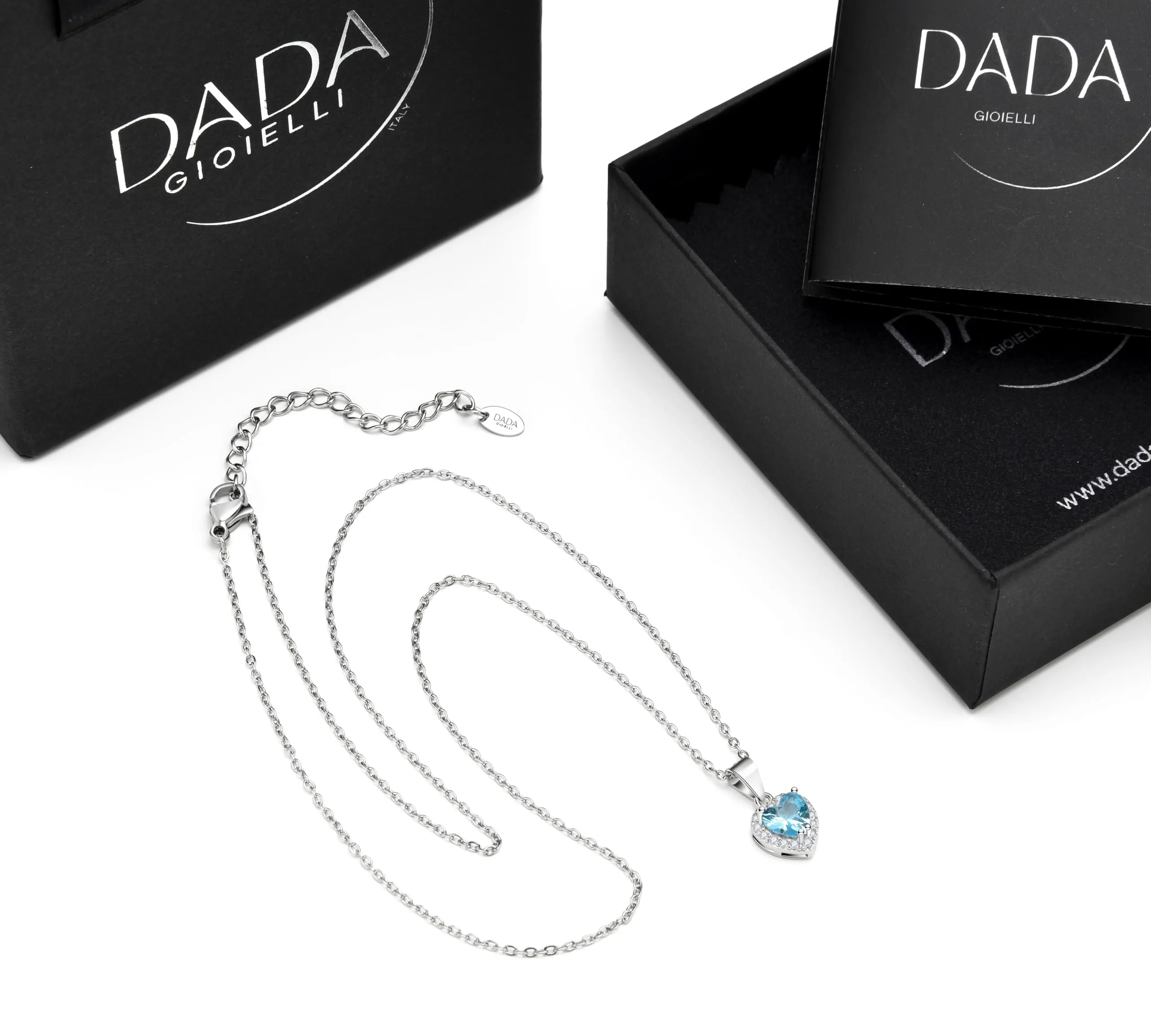 Dada Gioielli - Collana Cuore 9mm Punto Luce Argento 925 Con Zirconi Brillanti Catenina 45+5cm (Azzurro Acquamarina) - immagine 7
