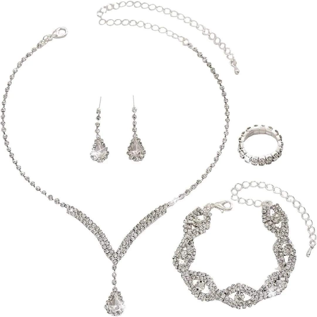 FDEETY Gioielleria Parures per Donne con Zirconi Cubici Collana con Ciondolo in Strass Orecchini Bracciali Set per la Sposa Zirconia Damigella D'onore Gioielleria(Bianco) - immagine 1