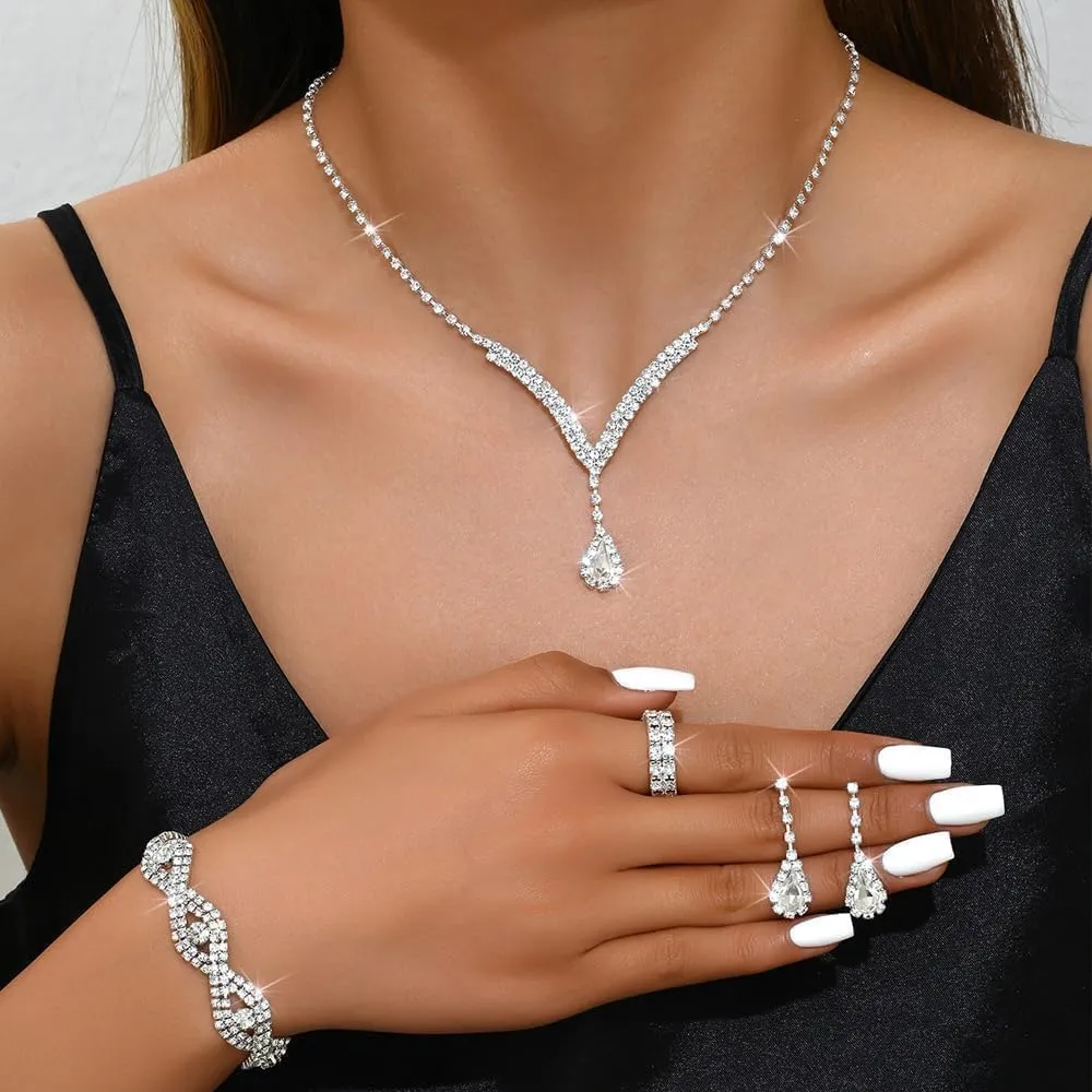 FDEETY Gioielleria Parures per Donne con Zirconi Cubici Collana con Ciondolo in Strass Orecchini Bracciali Set per la Sposa Zirconia Damigella D'onore Gioielleria(Bianco) - immagine 3