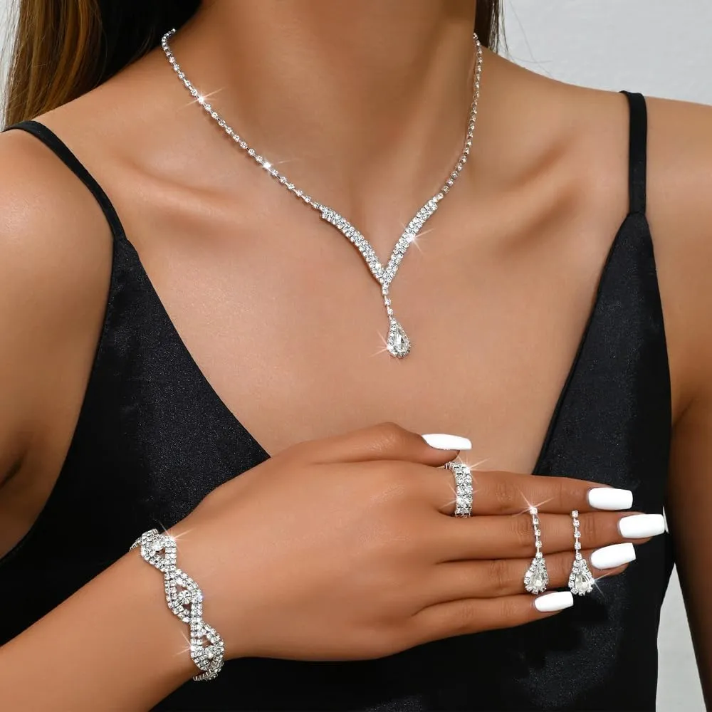 FDEETY Gioielleria Parures per Donne con Zirconi Cubici Collana con Ciondolo in Strass Orecchini Bracciali Set per la Sposa Zirconia Damigella D'onore Gioielleria(Bianco) - immagine 4