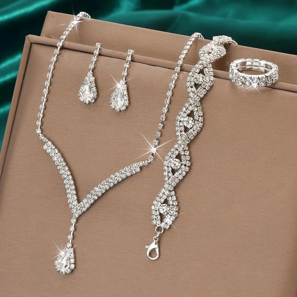 FDEETY Gioielleria Parures per Donne con Zirconi Cubici Collana con Ciondolo in Strass Orecchini Bracciali Set per la Sposa Zirconia Damigella D'onore Gioielleria(Bianco) - immagine 6