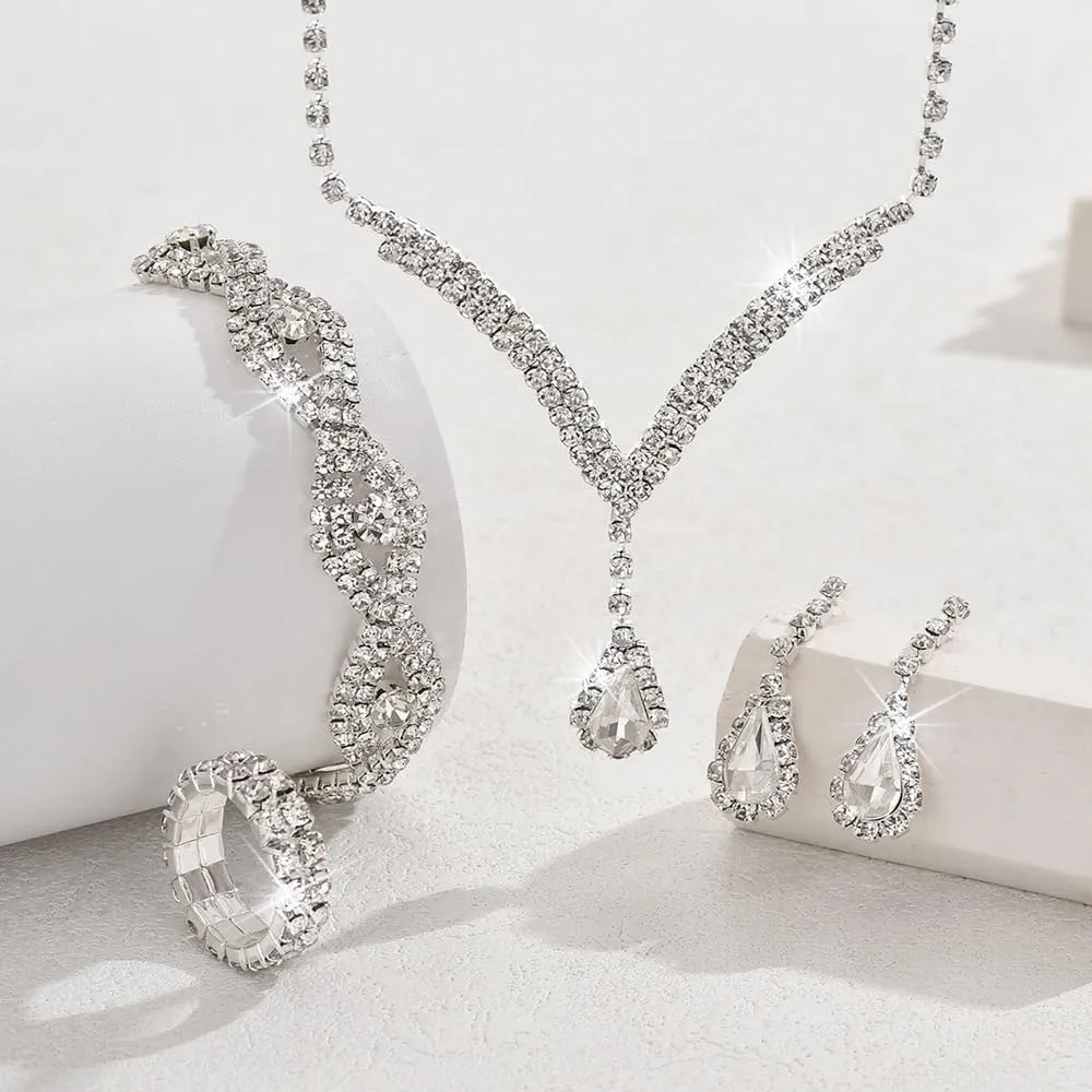FDEETY Gioielleria Parures per Donne con Zirconi Cubici Collana con Ciondolo in Strass Orecchini Bracciali Set per la Sposa Zirconia Damigella D'onore Gioielleria(Bianco) - immagine 7