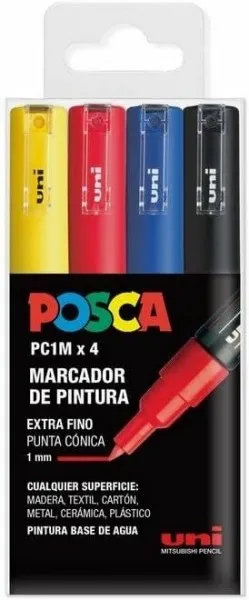 Posca PC1M Confezione da 4 pennarelli a vernice - Punta conica da 07 mm - Inchiostro a base d'acqua - Non permanente - Resistente alla luce - Giallo rosso blu e nero - immagine 1