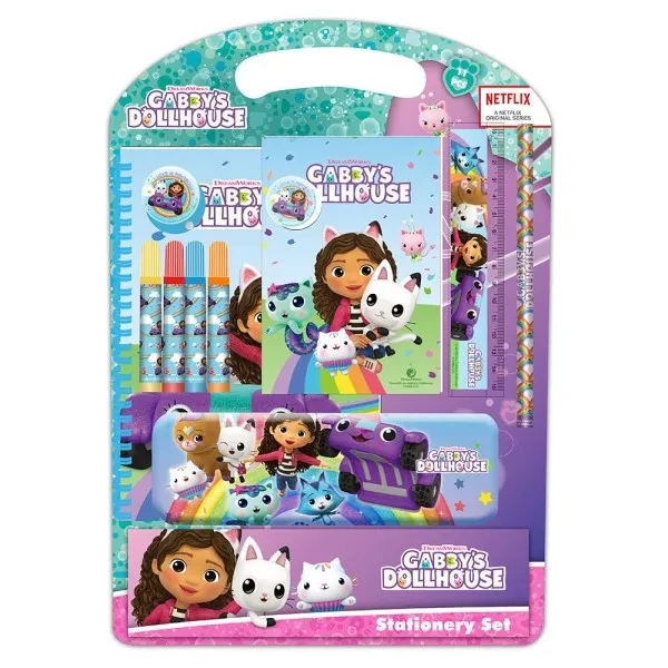 Set scolastico Safta Gabby's Dollhouse con astuccio in metallo - Matita - 4 pennarelli - Righello da 15 cm - Temperamatite - Gomma - Quaderno A4 - Blocco note A6 - 270x30x375 mm - Rosa - immagine 1