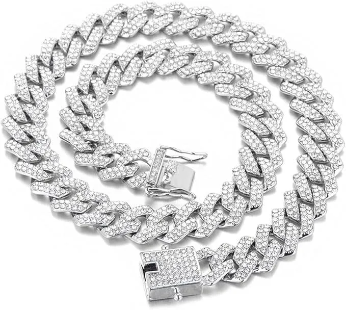 MIRKUZI Collana Cuban Link Chain Iced Out Hip Hop Rapper, regalo per lui, 50 cm (12 mm) argento - immagine 1