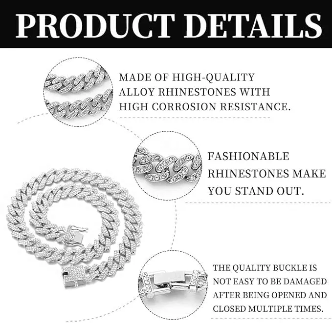 MIRKUZI Collana Cuban Link Chain Iced Out Hip Hop Rapper, regalo per lui, 50 cm (12 mm) argento - immagine 3