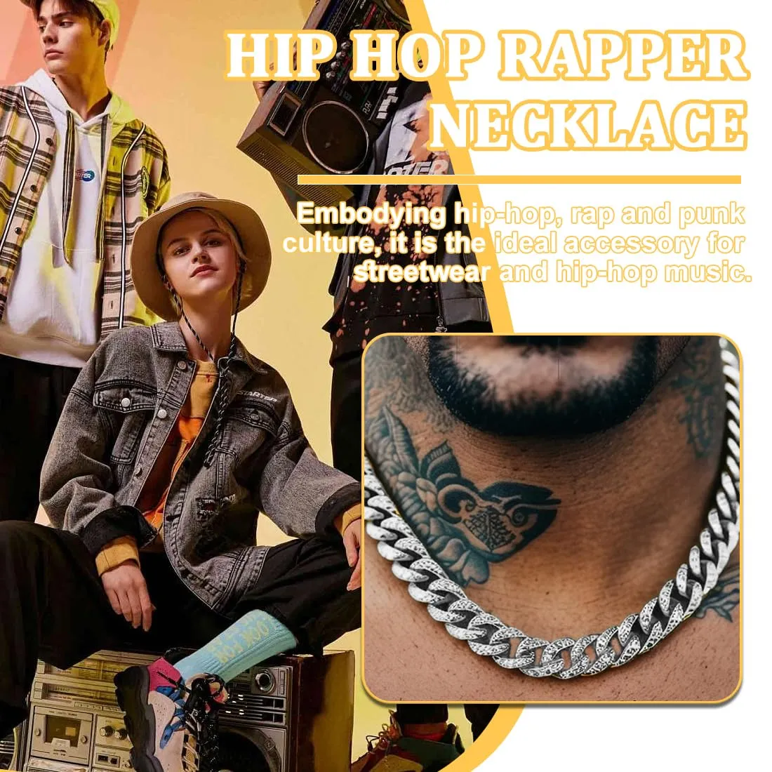 MIRKUZI Collana Cuban Link Chain Iced Out Hip Hop Rapper, regalo per lui, 50 cm (12 mm) argento - immagine 5