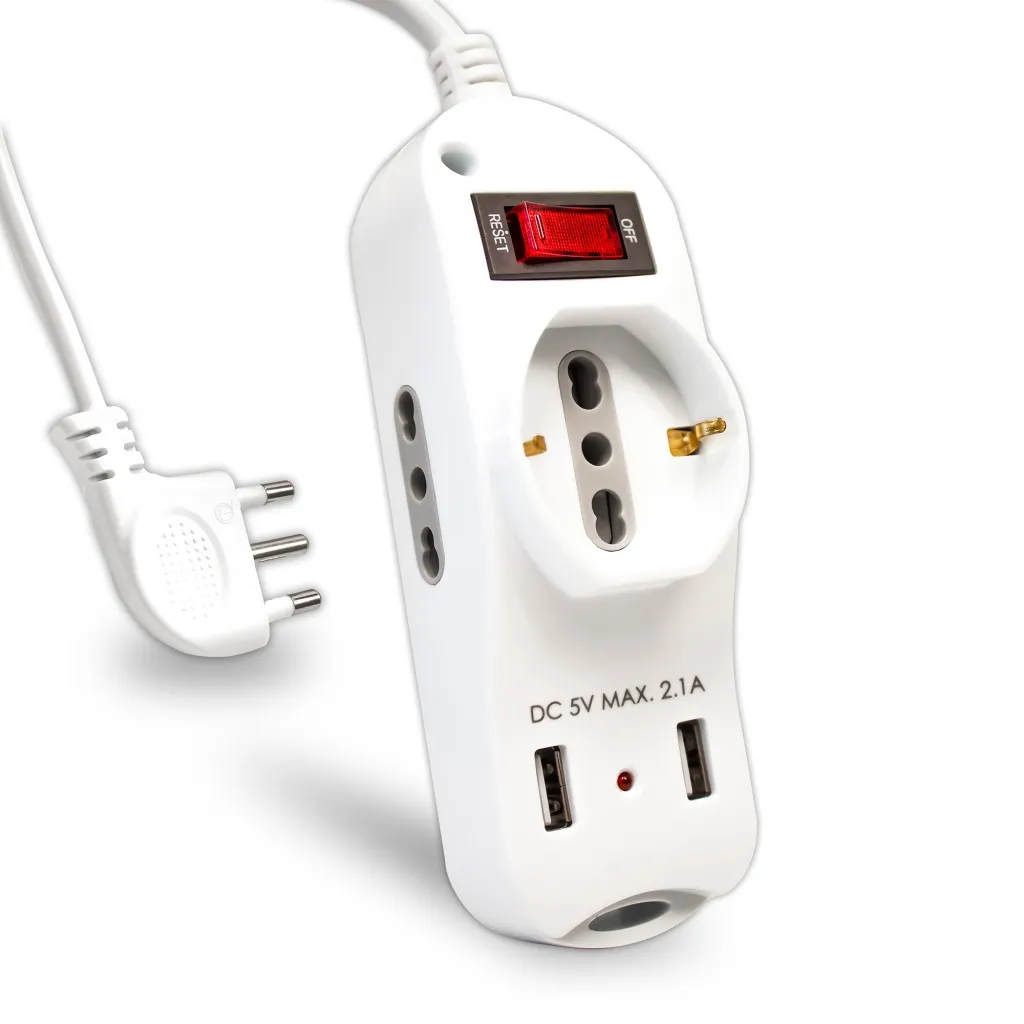 V-TAC Multipresa con Cavo 15m 2 Prese Laterali 10/16A 2P+T Bipasso 1 Frontale 10/16A 2P+T Schuko 2 USB con Interruttore Spina 16A 2P+T - immagine 1