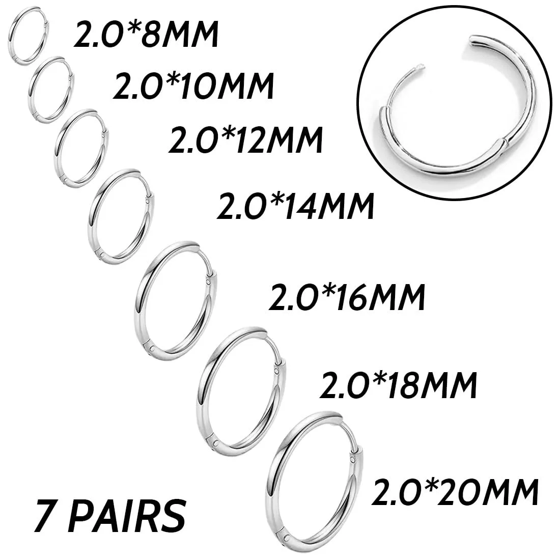 COYUN 7 Paia orecchini Argento a cerchio per uomini e donne, Orecchini Acciaio Inossidabile di Orecchini Cerchio Piccoli per Uomini e Donne Ipoallergenici Set di Orecchini 8-20 mm (argento) - immagine 6