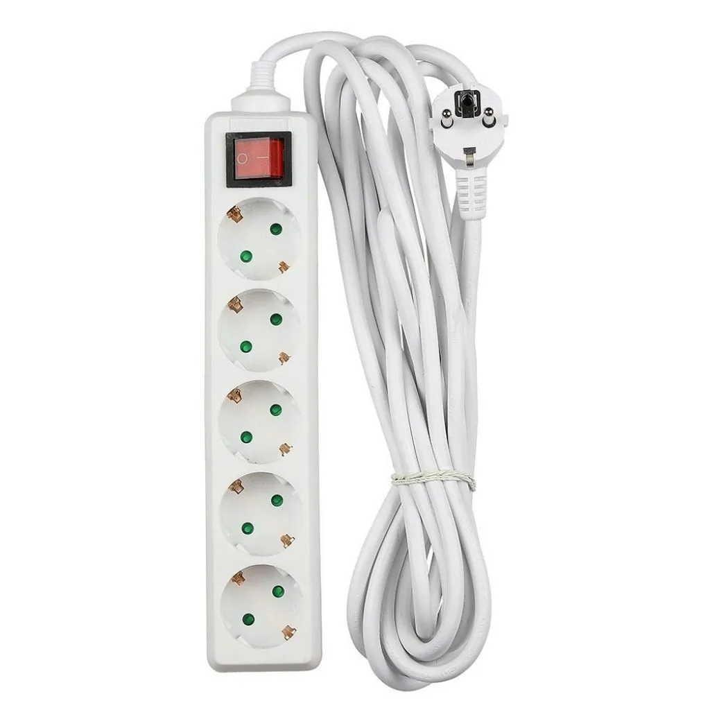 V-TAC Multipresa con Cavo 5m 5 Prese 10A 2P + Schuko e Interruttore Luminoso Spina Schuko Colore Bianco - immagine 1