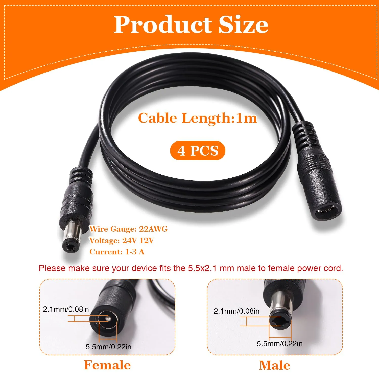 KUOQIY 4 Pezzi 1m 5.5x2.1 mm 24V 12V Cavi di Prolunga per Alimentazione DC, DC Cavo Estensione Maschio a Femmina 22AWG, per Telecamera Sicurezza CCTV, DVR, Nero - immagine 3