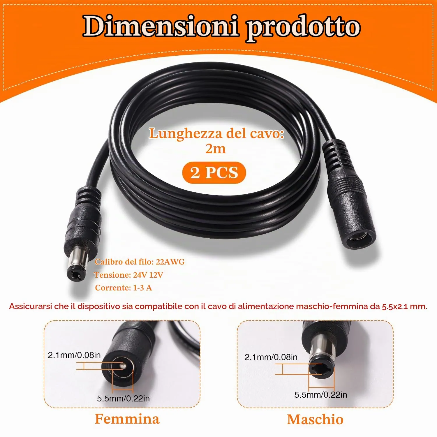 KUOQIY 2 Pezzi 2m 5.5x2.1 mm 24V 12V Cavi di Prolunga per Alimentazione DC, DC Cavo Estensione Maschio a Femmina 22AWG, per Telecamera Sicurezza CCTV, DVR, Nero - immagine 3