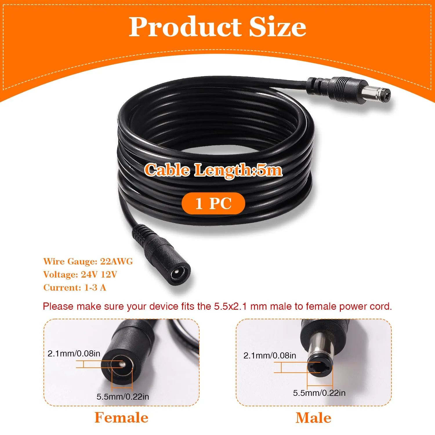 KUOQIY 5m 5.5x2.1 mm 24V 12V Cavi di Prolunga per Alimentazione DC, DC Cavo Estensione Maschio a Femmina 22AWG, per Telecamera Sicurezza CCTV, DVR, Nero - immagine 3
