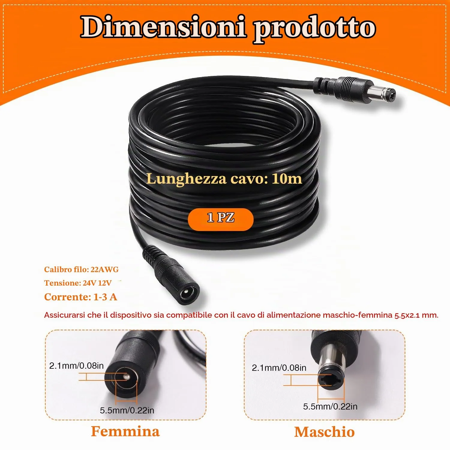 KUOQIY 10m 5.5x2.1 mm 24V 12V Cavi di Prolunga per Alimentazione DC, DC Cavo Estensione Maschio a Femmina 22AWG, per Telecamera Sicurezza CCTV, DVR, Nero - immagine 3