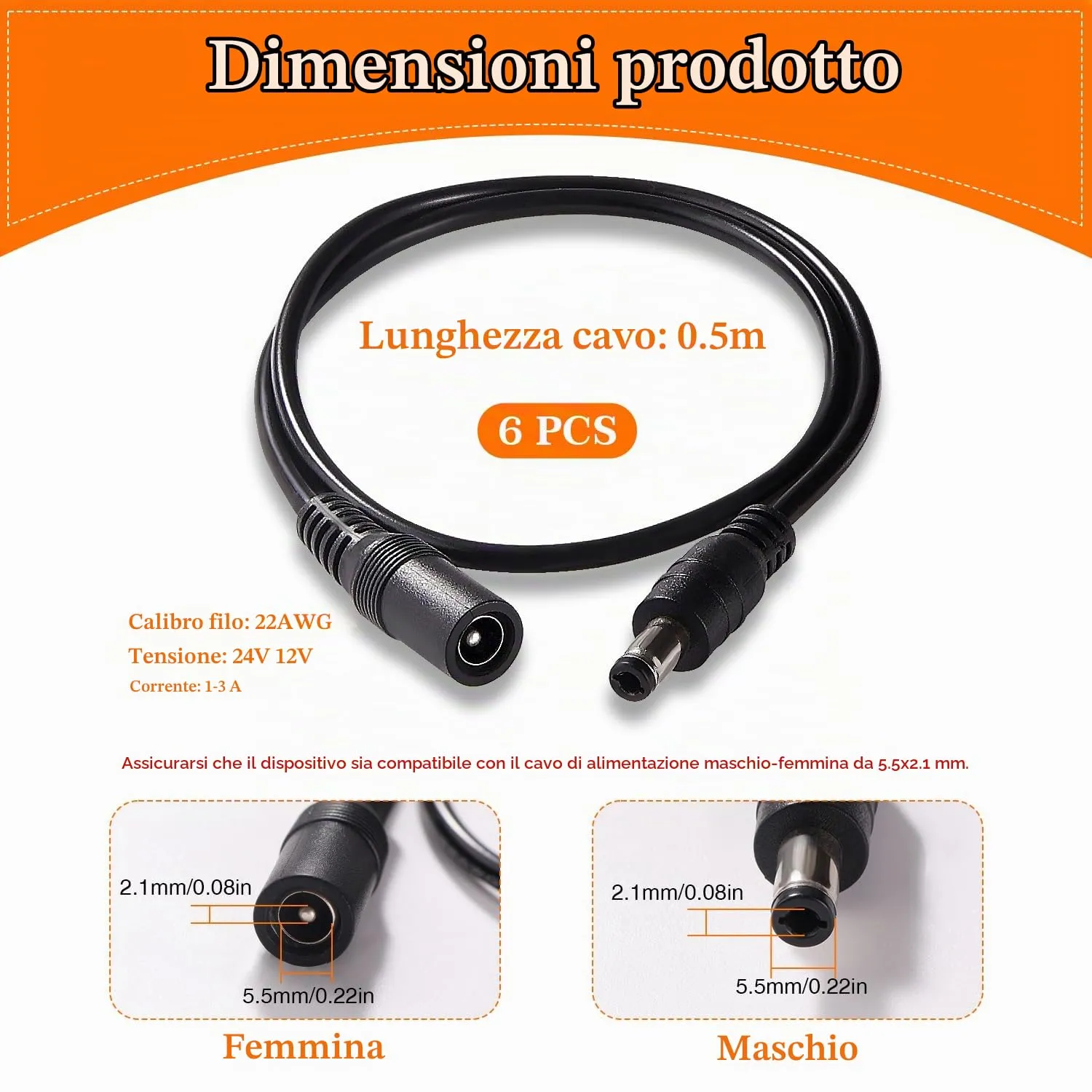 KUOQIY 6 Pezzi 0.5m 5.5x2.1 mm 24V 12V Cavi di Prolunga per Alimentazione DC, DC Cavo Estensione Maschio a Femmina 22AWG, per Telecamera Sicurezza CCTV, DVR, Nero - immagine 3