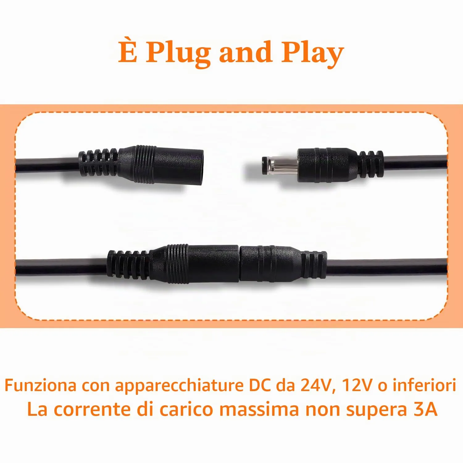 KUOQIY 3 Pezzi 0.5m 5.5x2.1 mm 24V 12V Cavi di Prolunga per Alimentazione DC, DC Cavo Estensione Maschio a Femmina 22AWG, per Telecamera Sicurezza CCTV, DVR, Nero - immagine 5