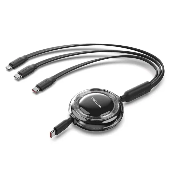 Cavo multi-USB Vention - Potenza massima 100W - Retrattile - Lunghezza regolabile fino a 11 m - USB-A - 2xUSB-C - Lightning - Velocità fino a 480Mbps - Nero - immagine 1