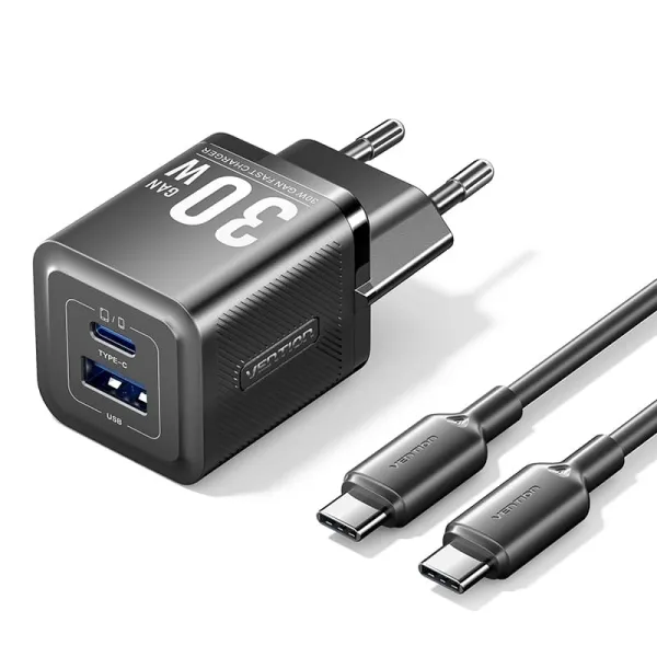 Caricabatterie da muro Vention GaN USB-C 30W - Cavo USB-C da 1 m - Nero - immagine 1